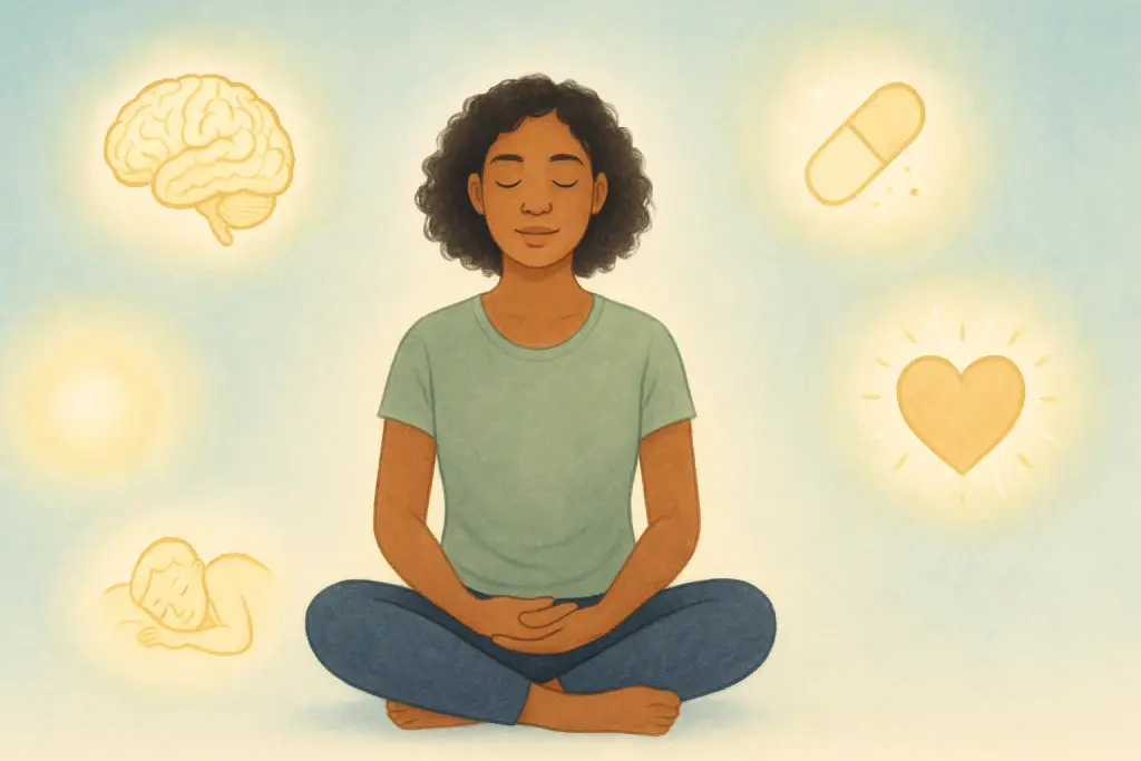 Pessoa meditando cercada por elementos simbólicos como cérebro, coração, luz e sono, representando os principais benefícios do mindfulness