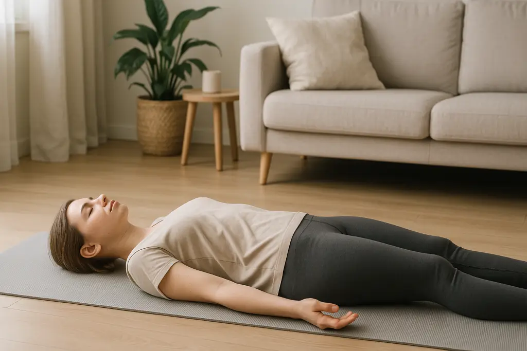 Pessoa praticando body scan em casa, deitada de forma confortável e relaxada, representando uma técnica de mindfulness para aliviar dores